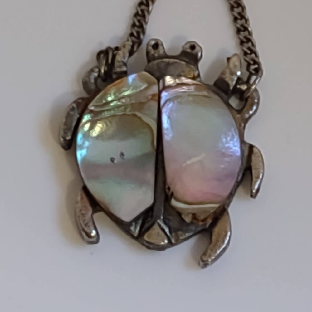 Silvertone Abalone Lady Bug 16" Chain Necklace